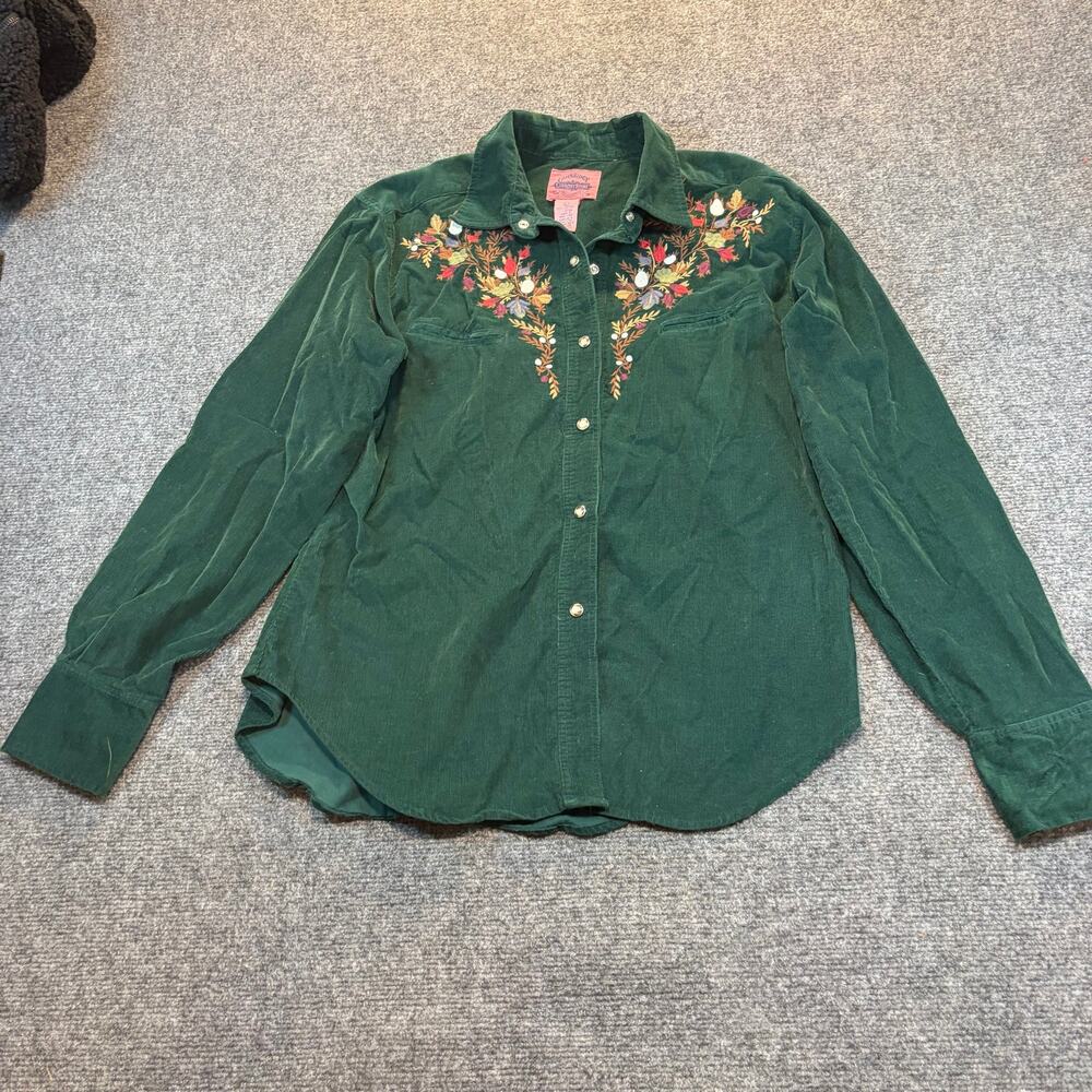 Vtg Cambridge Country Womens Large Green Corduroy Embroidered Floral Snap Shirt
